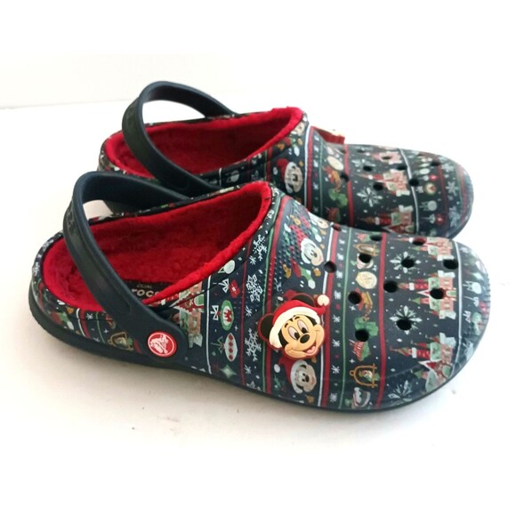 Disney Parks X Crocs Christmas Mickey 2020 Blue Holiday Print Red Lining Sz W 8 - Picture 1 of 12
